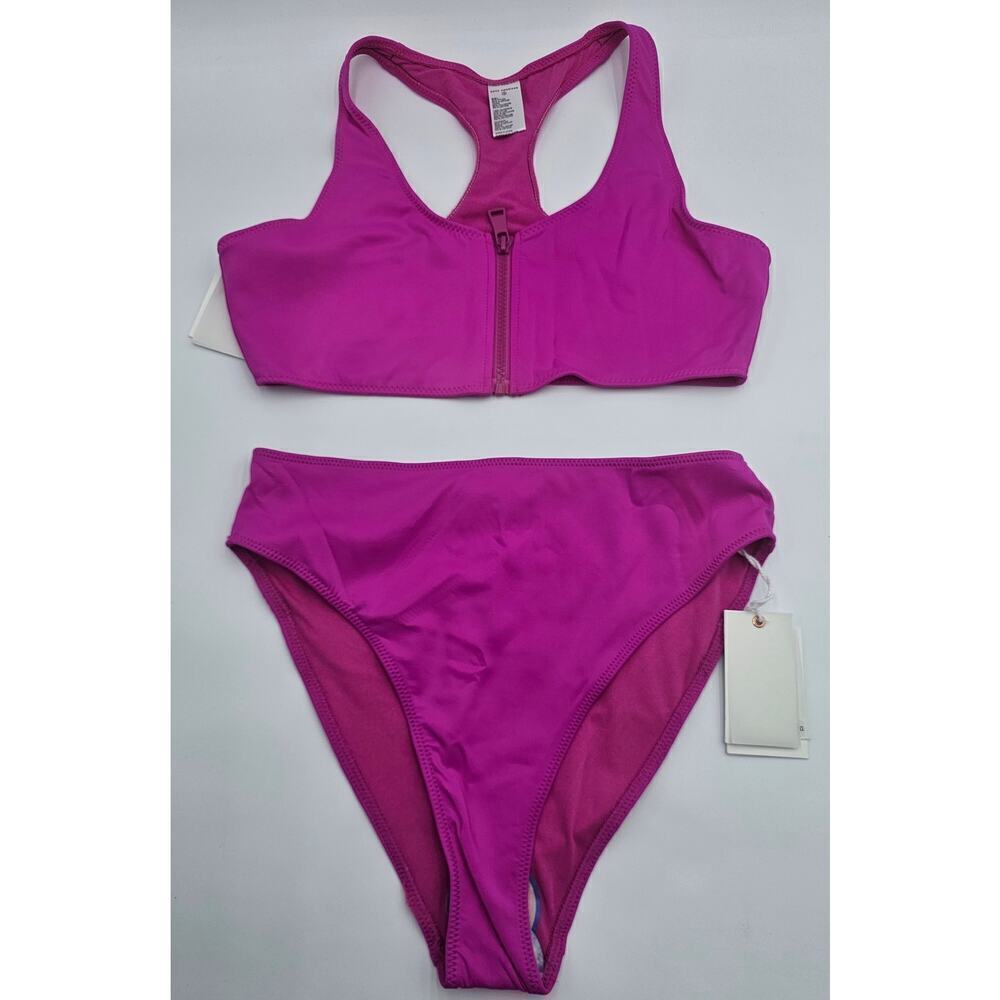 Good American Fuchsia Pink L(3) Zip-Up Bikini Top & High Rise Bottoms NWT